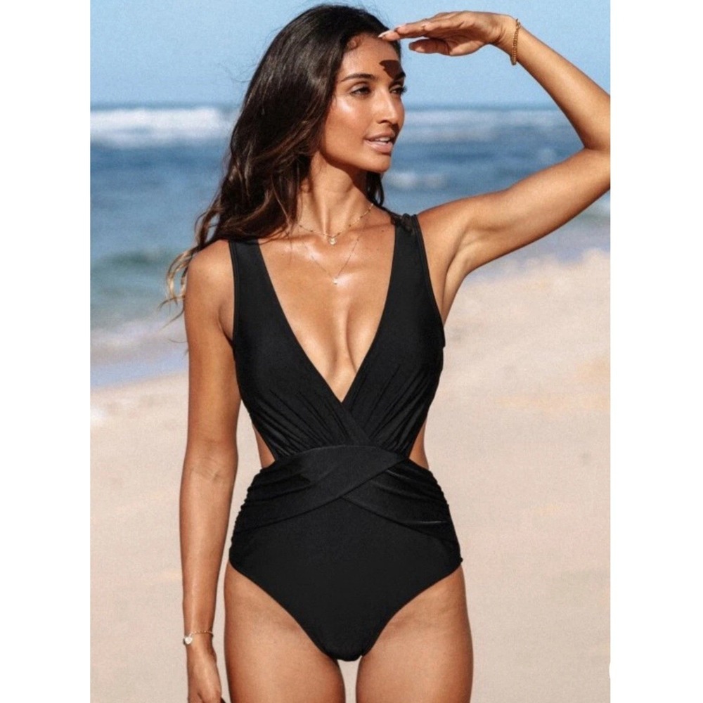 Cupshe Black Wrap Front Cutout One Piece Swimsuit XL Plunge Beach Vacation NWT